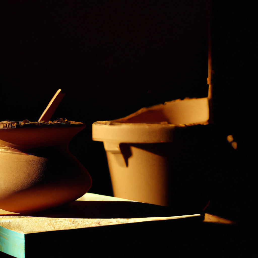 Atelier de poterie : outils et argile sur table ensoleillée, gros plan